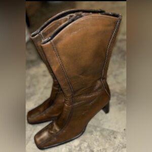 Vtg Y2K Brown Leather Square Toe Mid Calf Boots 7.5 M Made in Brazil Block Heel